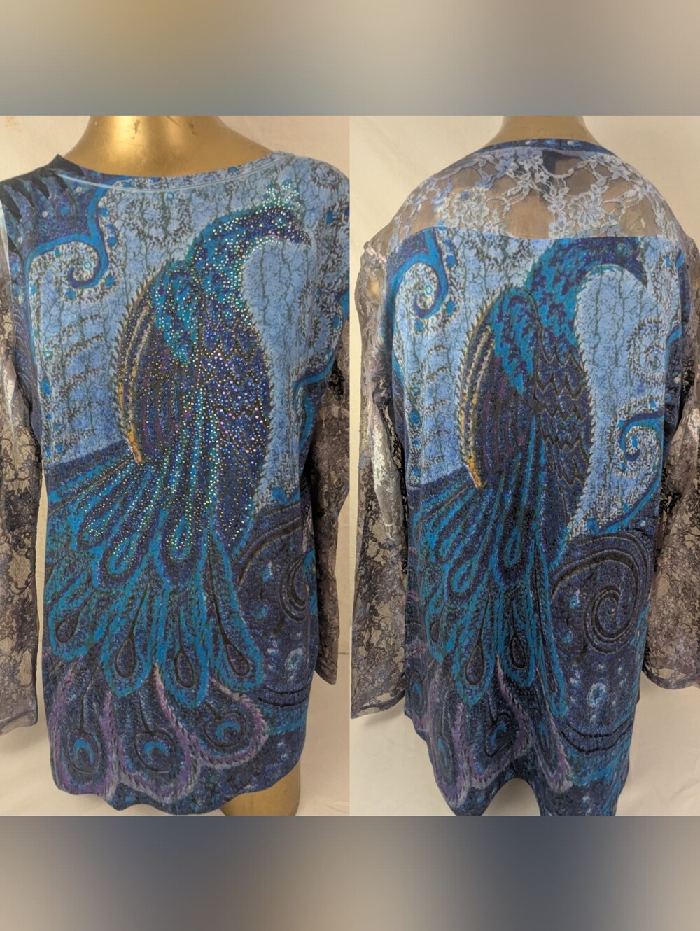 New Directions Beautiful Bling Peacock Blouse With Sheer Lace Long Sleeves Large